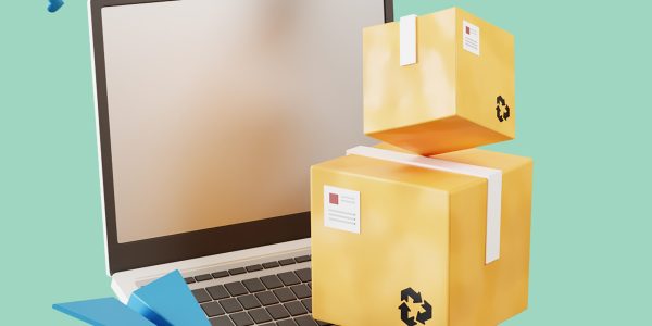 3D rendering Online Order Parcel Delivery, checking order in application on laptop computer, illustration